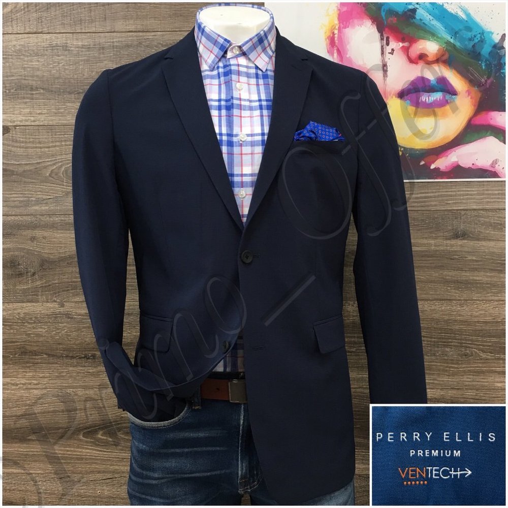 Perry Ellis Mens Blazer Sport Coat Two Button Casual Jacket Size 44L Slim Suits